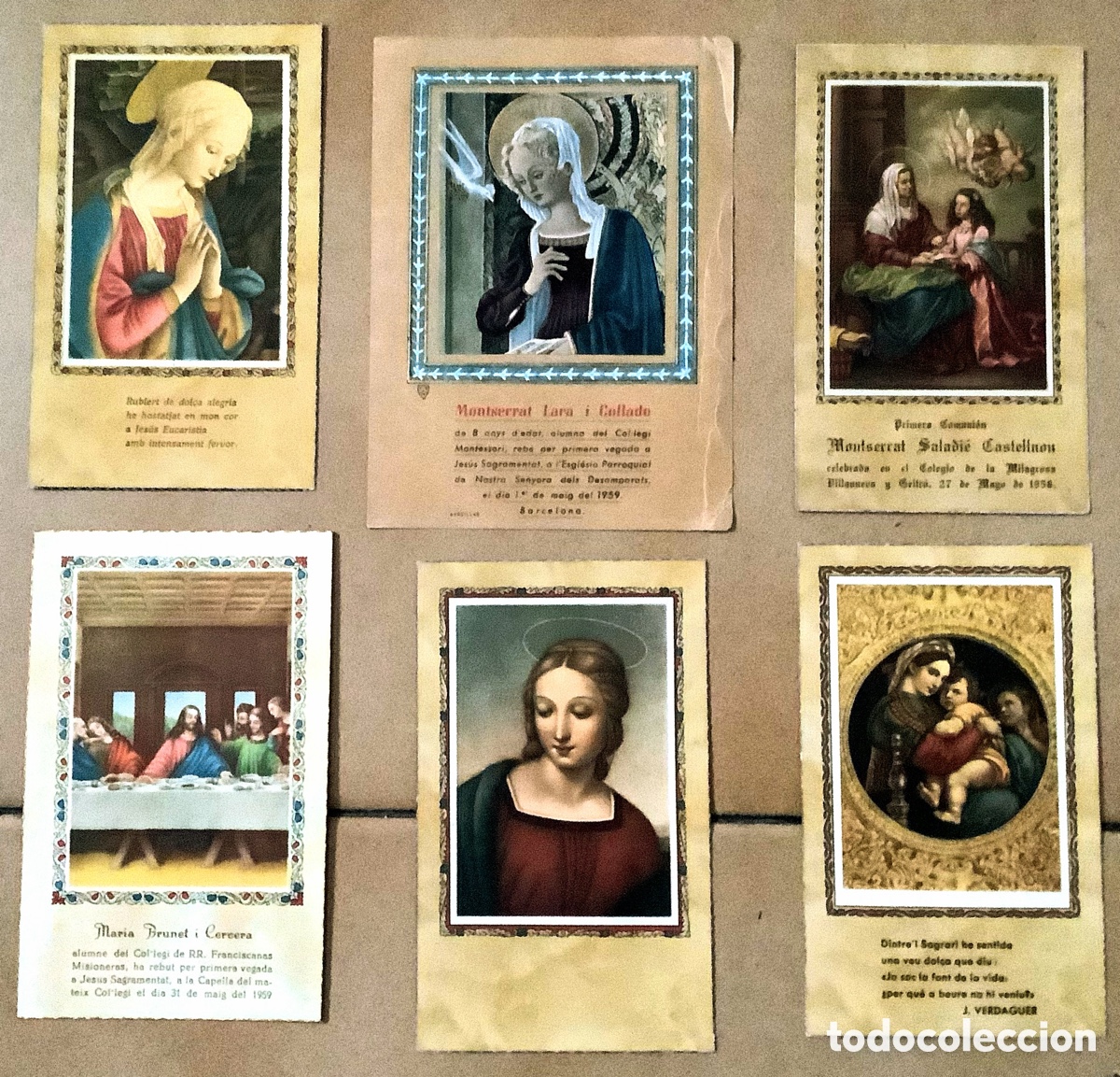 Postcards: Lote de 6 RECORDATORIOS PRIMERA COMUNI&Oacute;N antiguos, 1950