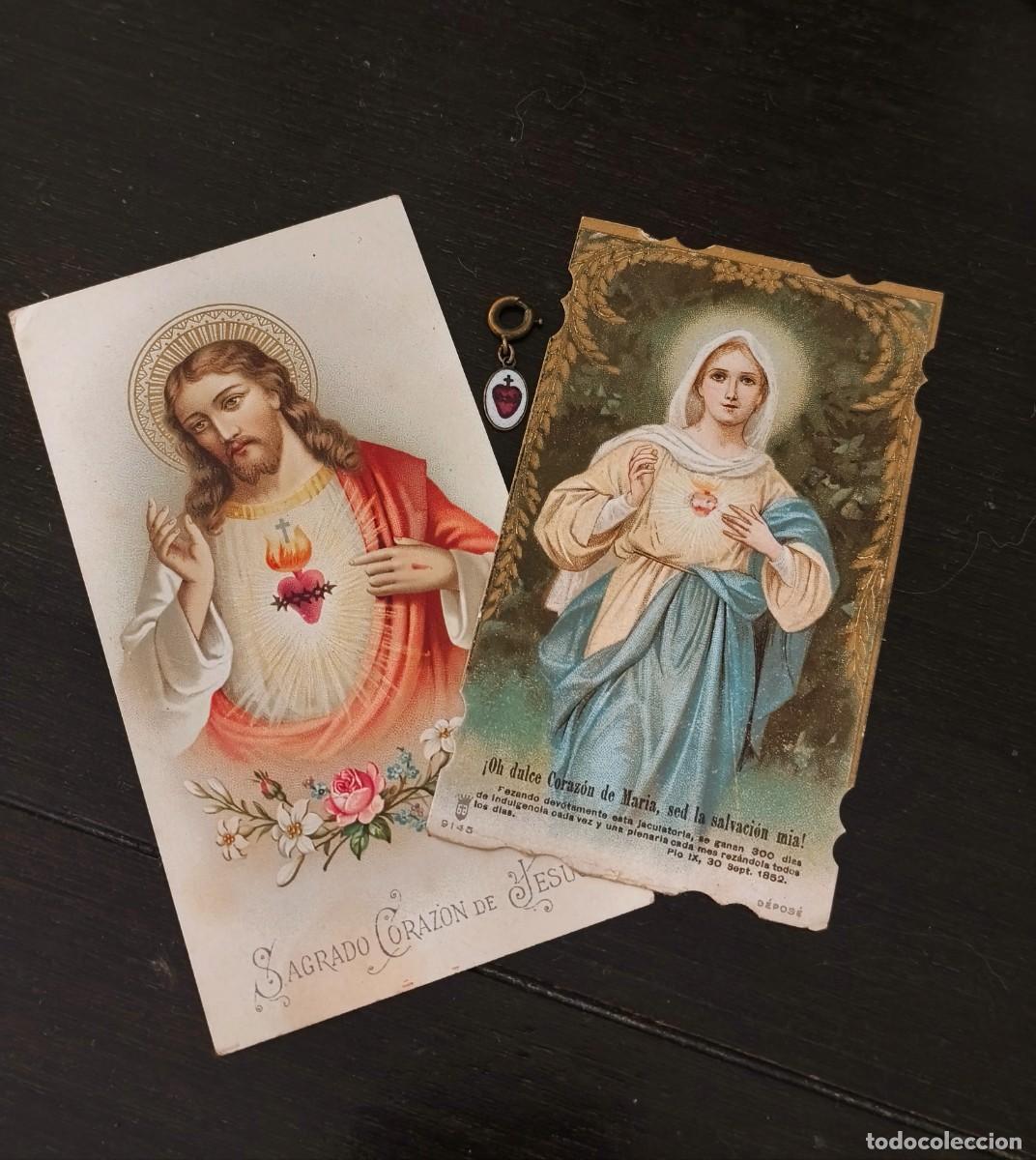 Postcards: Estampas de Sagrado Coraz&oacute;n de Jes&uacute;s y Dulce Coraz&oacute;n de Mar&iacute;a junto a esmalte del Coraz&oacute;n de Jes&uacute;s.