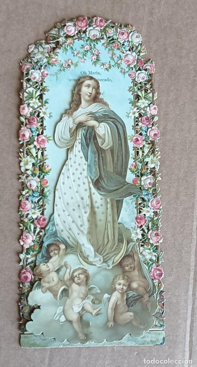 Postkarten: Estampa troquelada religiosa antigua Inmaculada Concepci&oacute;n Gran tama&ntilde;o 24,5 x 10 cm.