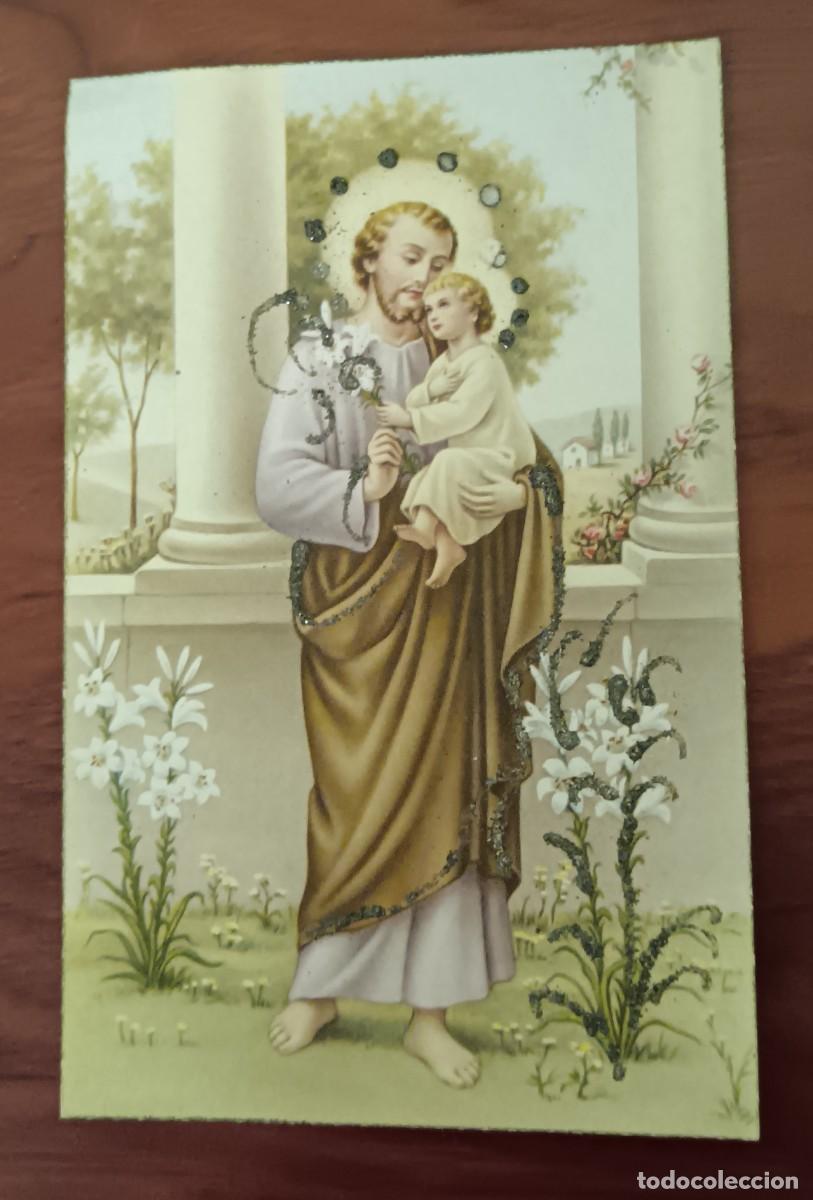 Postales: POSTAL RELIGIOSA SAN JOS&Eacute; CON NI&Ntilde;O JES&Uacute;S CON BRILLANTINA LT N&ordm; 414 A&Ntilde;O 1954 ESCRITA 13,5X8,5 CM.