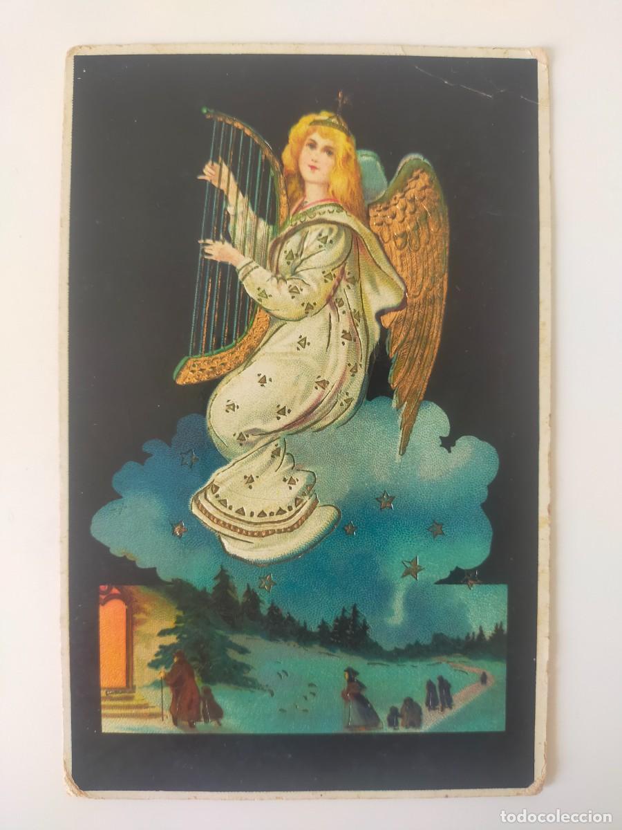 Postales: Postal dorada con relieve: &Aacute;ngel tocando el arpa - Escrita e impresa en Alemania.