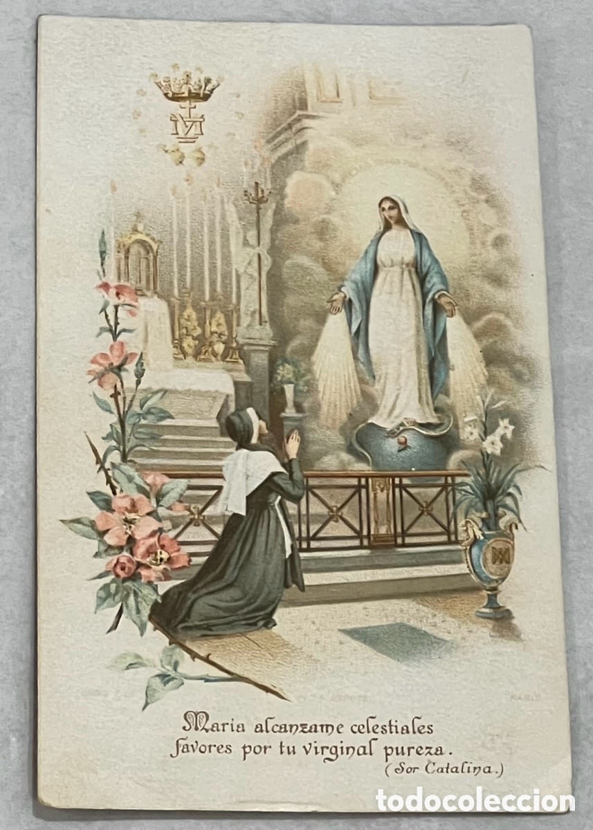 Postales: Estampa Religiosa. Aparici&oacute;n de la Virgen Inmaculada a Sor Catalina Laboure. A&ntilde;os 40.