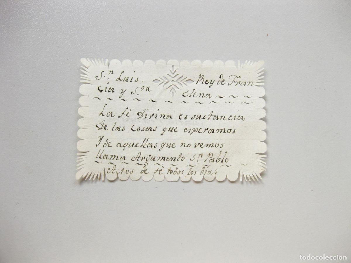 Postales: Papel recortado con una oraci&oacute;n dedicada a San Luis Rey de Francia y a Santa Elena.