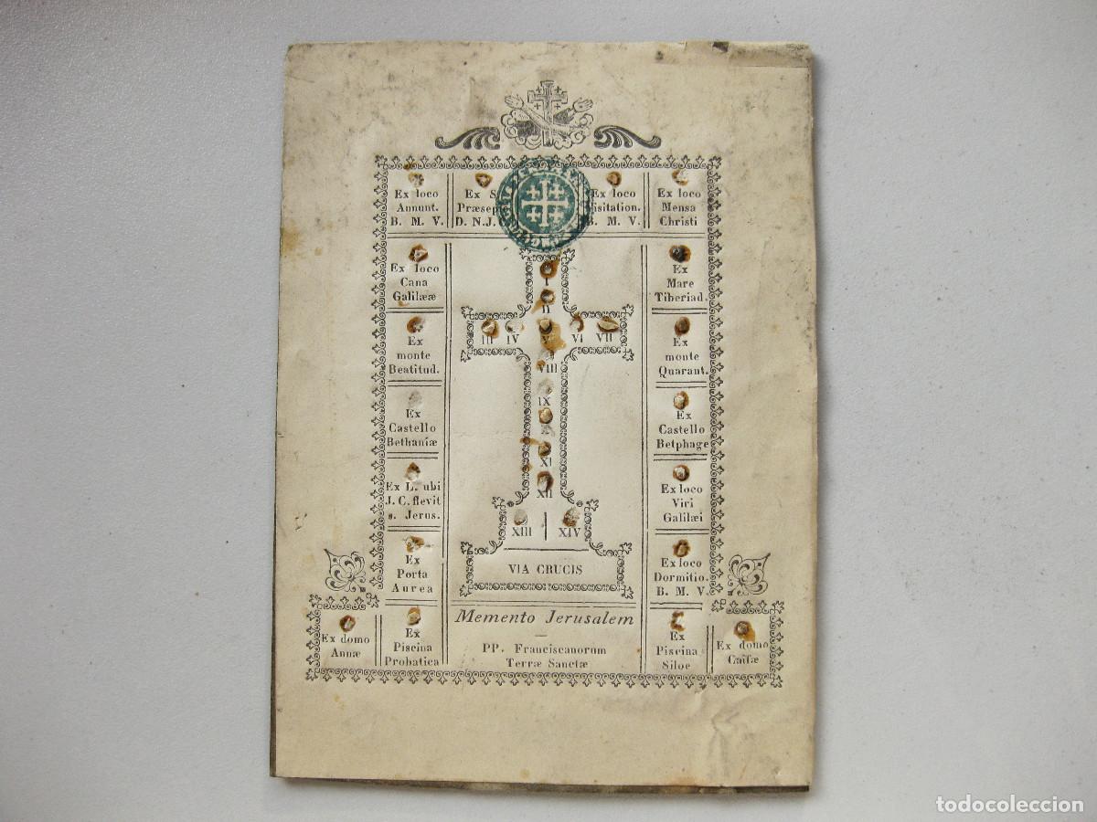 Postales: Estampa con reliquias del Via Crucis en Jerusalem. Padres Franciscanos. Hacia 1900.
