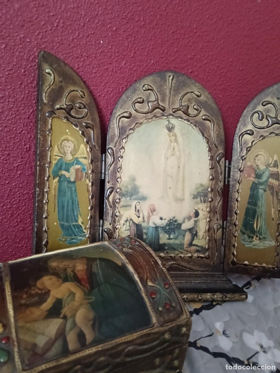 Postkarten: Tr&iacute;ptico o altar dom&eacute;stico de la virgen de F&aacute;tima y caja con imagen de la virgen