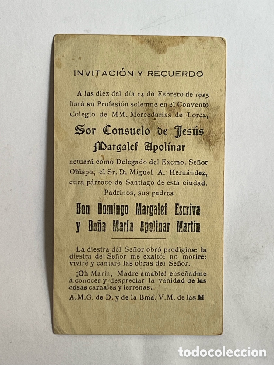 Postales: LORCA. Sor Consuelo de Jes&uacute;s Margalef Apolinar. Profesi&oacute;n solemne en el Convento Colegio Mercedarias