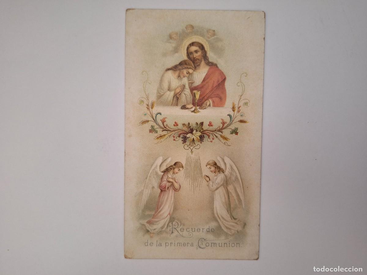 Cartoline: ANTIGUA ESTAMPA RELIGIOSA COMUNION ALUMNO MARISTAS IGLESIA SAN BARTOLOME VALENCIA 1900 EST-105 RV