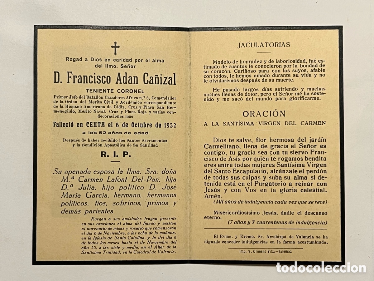 Postales: DON FRANCISCO AD&Aacute;N CA&Ntilde;IZAL. Teniente Coronel. Falleci&oacute; en CEUTA el 6 de Octubre de 1932