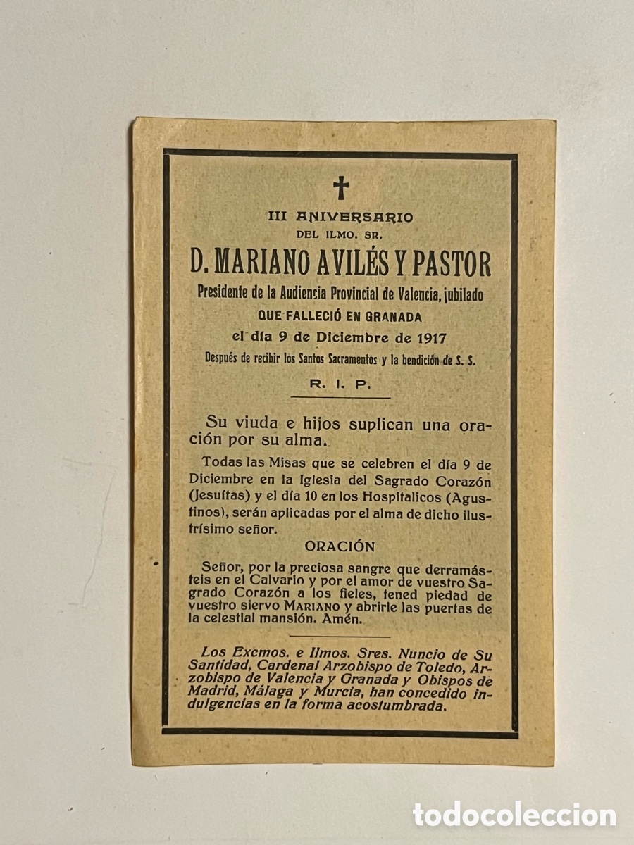 Postales: ESQUELA. D. MARIANO AVILES Y PASTOR Presidente de la Audiencia Provincial de Valencia, jubilado