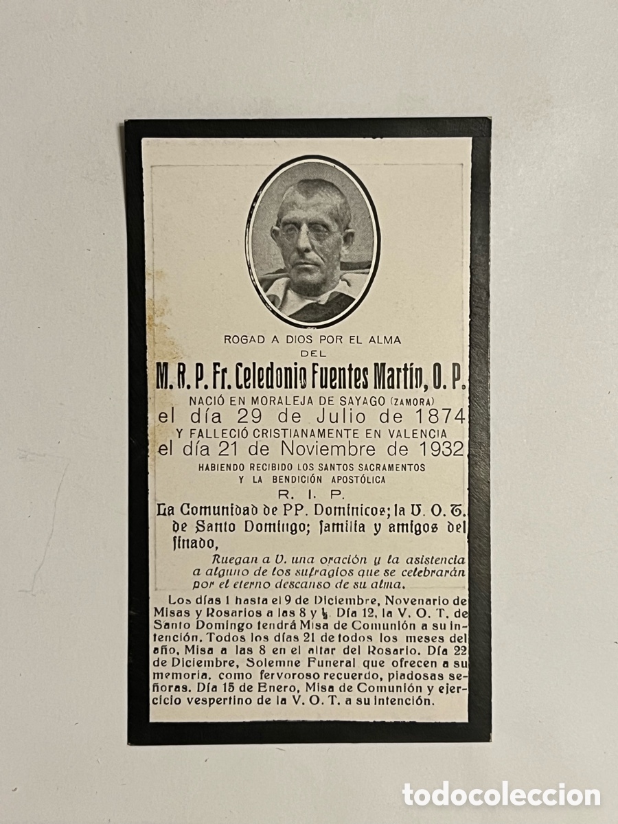 Postales: ESQUELA, P.Fr. Celedonio Fuentes Martin, O. P. La Comunidad de PP. Dominicos de Valencia (a.1932)