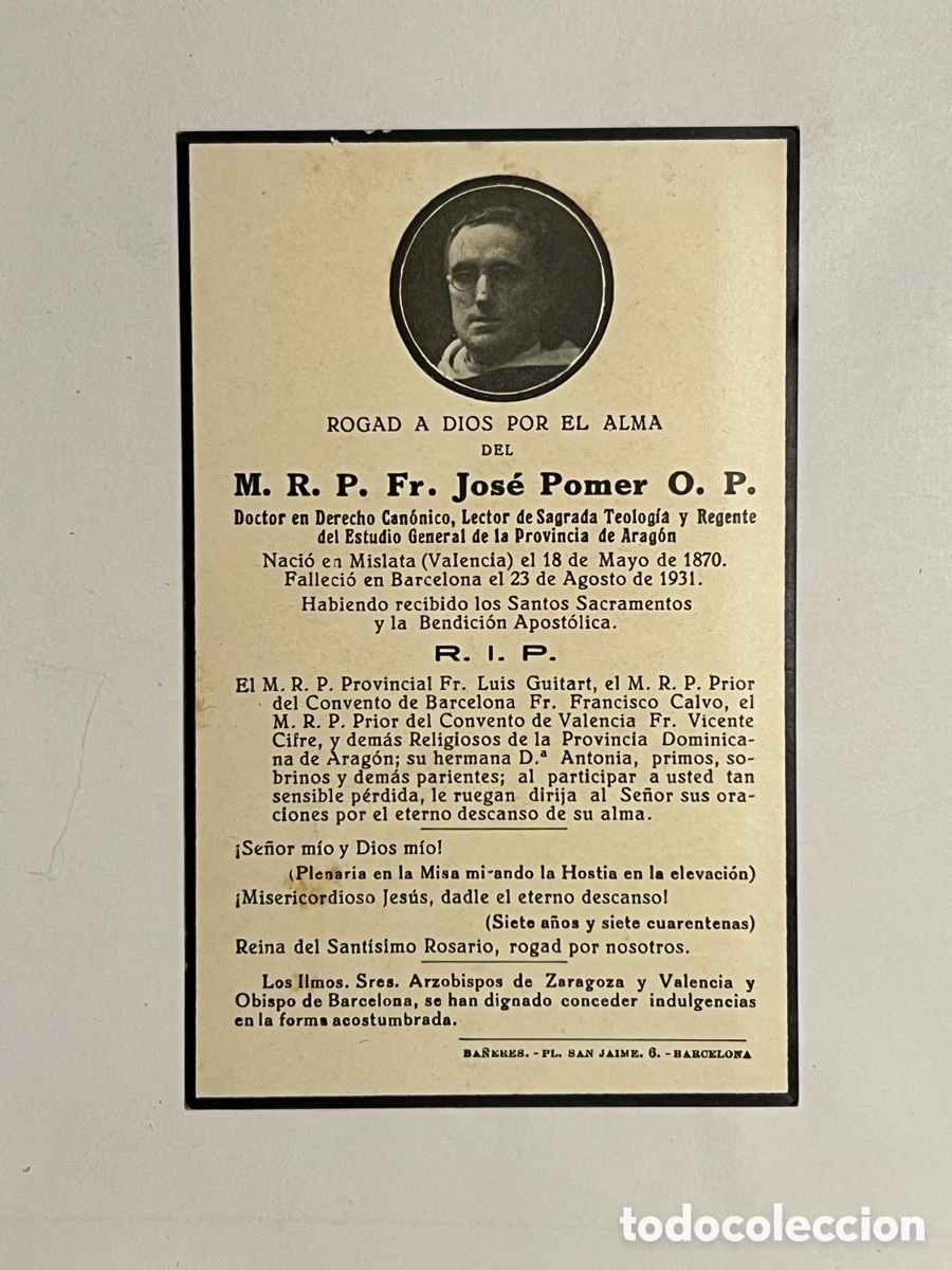 Postales: ESQUELA, P. Fr. Jos&eacute; Pomer O. P. Doctor en Derecho Can&oacute;nico, Regente del Estudio General de Arag&oacute;n