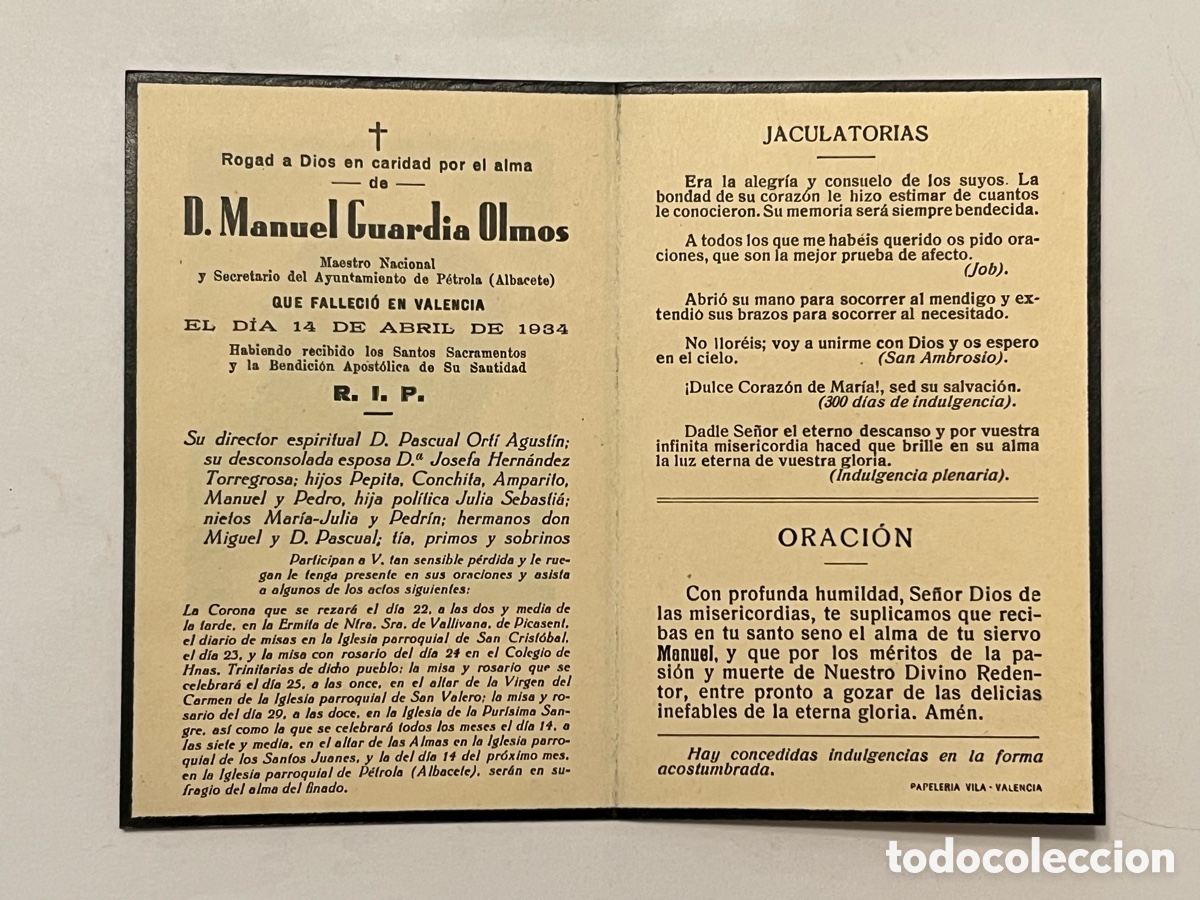 Postales: PETROLA Albacete. Esquela D. Manuel Cuardia. Maestro Nacional y Secretario del Ayuntamiento (a.1934)