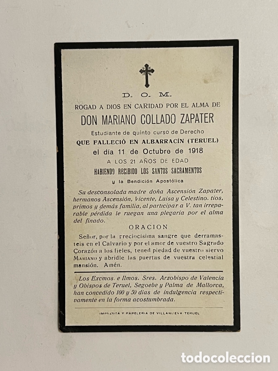 Postales: ALBARRAC&Iacute;N, Teruel. Esquela del joven estudiante de Derecho.. Mar&iacute;ano Collado Zapater (a.1918)
