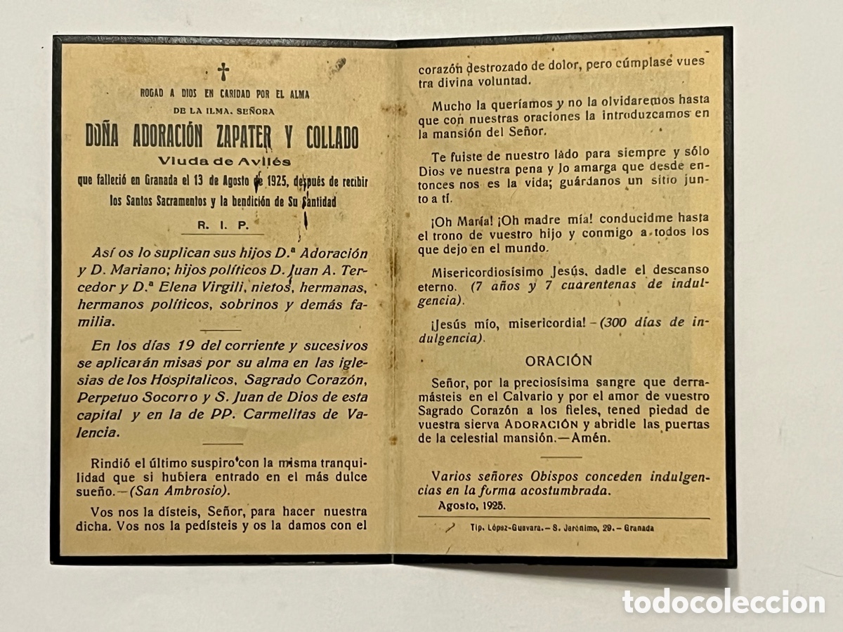 Postales: GRANADA. Esquela recordatorio DO&Ntilde;A ADORACI&Oacute;N ZAPATER. Iglesia de los Hospitalicos (a.1925)