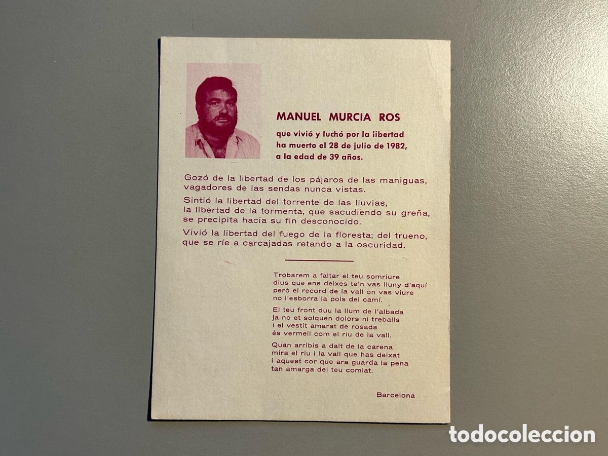 Postales: Recordatorio &oacute;bito Sindicalista transici&oacute;n &ndash; Manuel Murcia Ros &ndash; Oriola &ndash; Defunci&oacute;n
