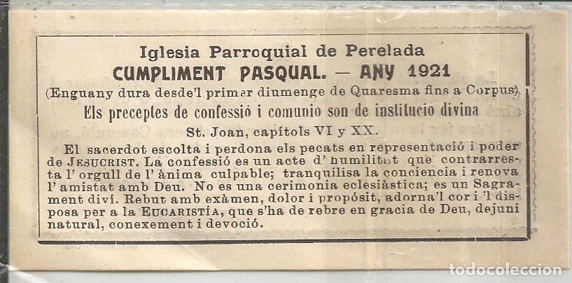 Postales: IGLESIA PARROQUIAL DE PERELADA (GIRONA) - CUMPLIMENT PASQUAL, ANY 1921 - DORSO IMPRESO