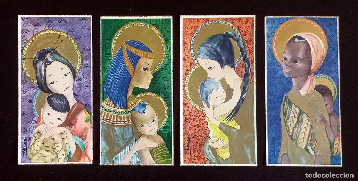 Postales: Serie 5 Estampas-felicitaciones Navide&ntilde;as-recordatorios, estilo naif Ilustrador P. Linares, 1960