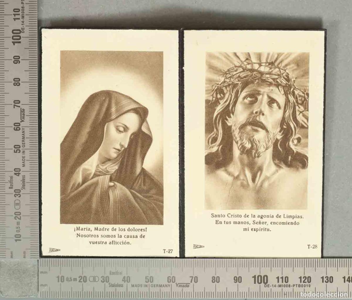 Postkarten: ESQUELA. Lote de Santo Cristo de la Agon&iacute;a de Limpias y Virgen de los Dolores MUJER MADRID 1951