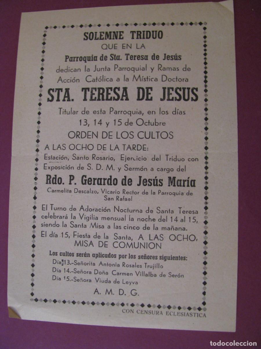 Postales: ESTAMPA, FOLLETO RELIGIOSO. SOLEMNE TRIDUO STA. TERESA DE JESUS. ACCION CATOLICA. 15X10 CM
