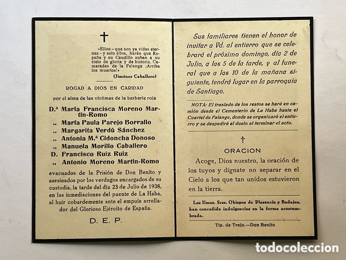 Postales: LA HABA, Badajoz. Esquela evacuados de la Prisi&oacute;n de Don Benito y asesinados por la barbarie roja..