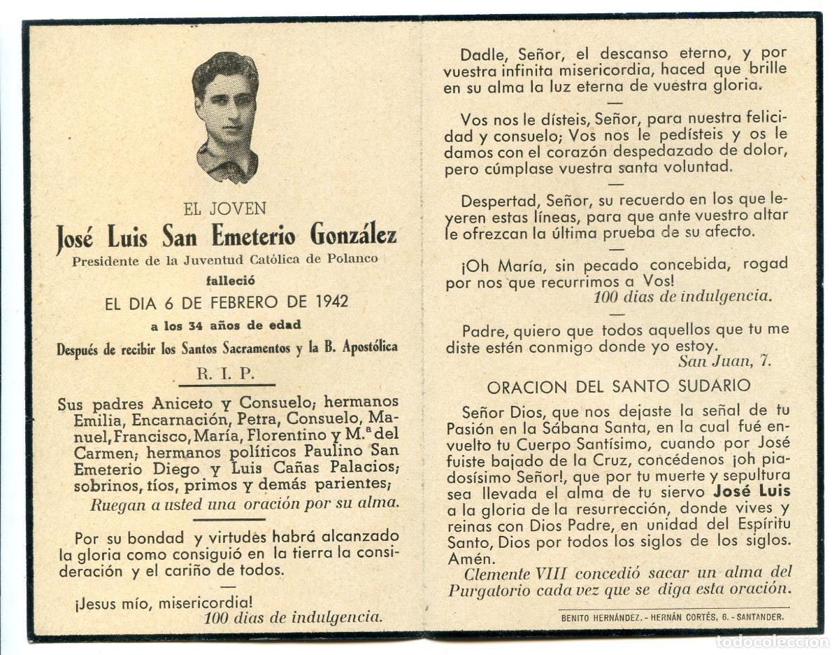 Postales: Recordatorio de joven presidente de la Juventud Cat&oacute;lica de Polanco, Cantabria, 1942