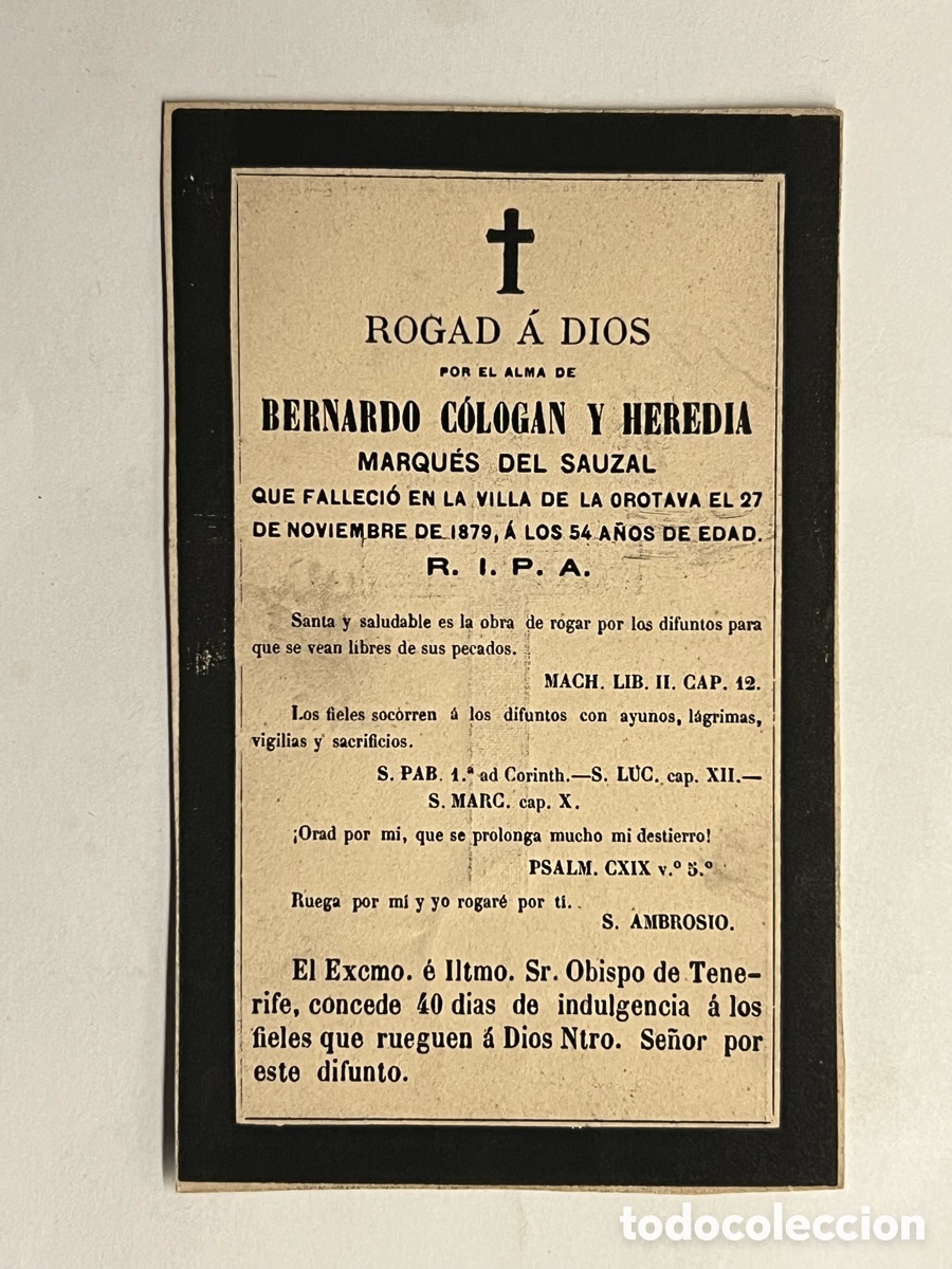 Postales: LA VILLA DE LA OROTAVA. ESQUELA, BERNARDO COLOGAN Y HEREDIA. MARQU&Eacute;S DEL SAUZAL (a.1879)