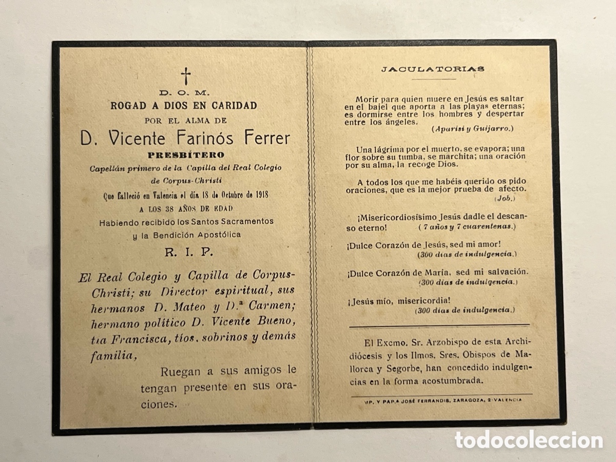 Postales: VALENCIA. Esquela D Vicente Farin&oacute;s Ferrer Capell&aacute;n Capilla del Real Colegio Corpus-Christi (a.1918)
