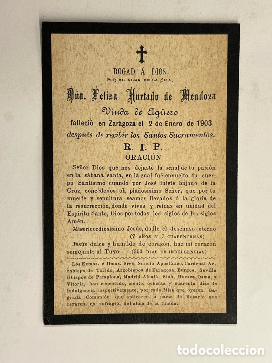 Postales: ZARAGOZA. Esquela D&ntilde;a. Felisa Hurtado de Mendoza. Vda de Aguero (a.1903) ilustra Puig Genis, Vich