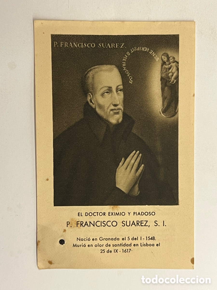 Postales: GRANADA. Estampa con RELIQUIA Tocado a los huesos del padre.. P. FRANCISCO SUAREZ, S. I.