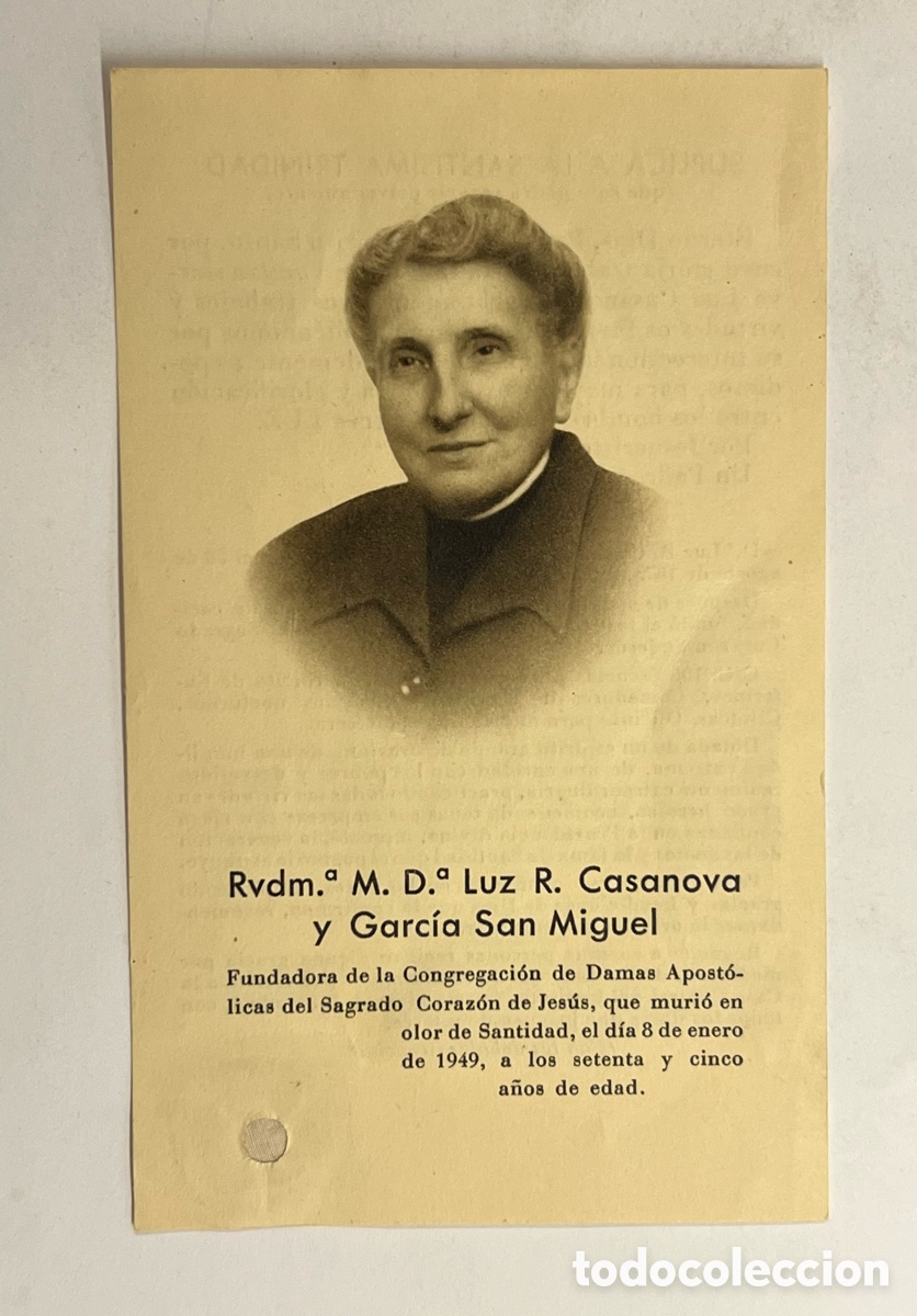 Postales: AVILES. Estampa con Reliquia.. Rvdm. M. D.&ordf; Luz R. Casanova y Garc&iacute;a San Miguel.. (a.1949)