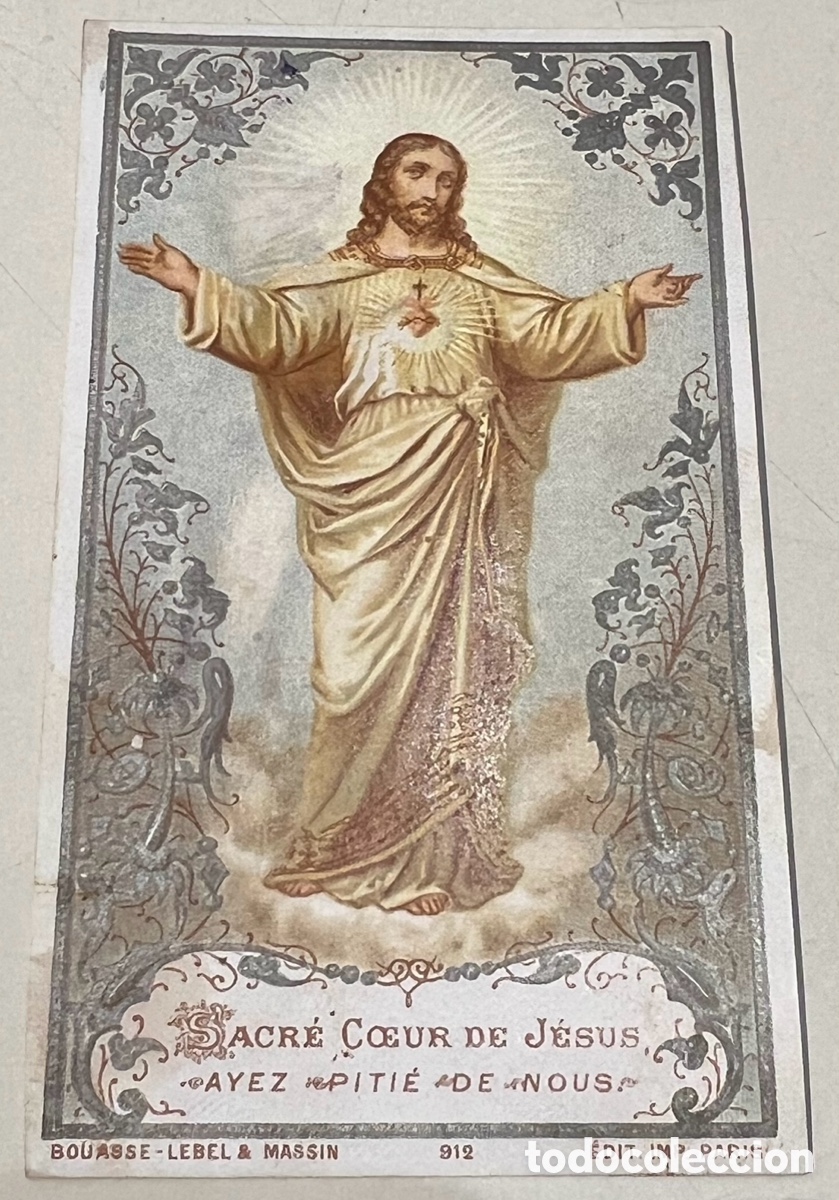 Postales: Estampa Religiosa. Sagrado Coraz&oacute;n de Jes&uacute;s. Oraci&oacute;n en franc&eacute;s. Par&iacute;s. Mid-Century.