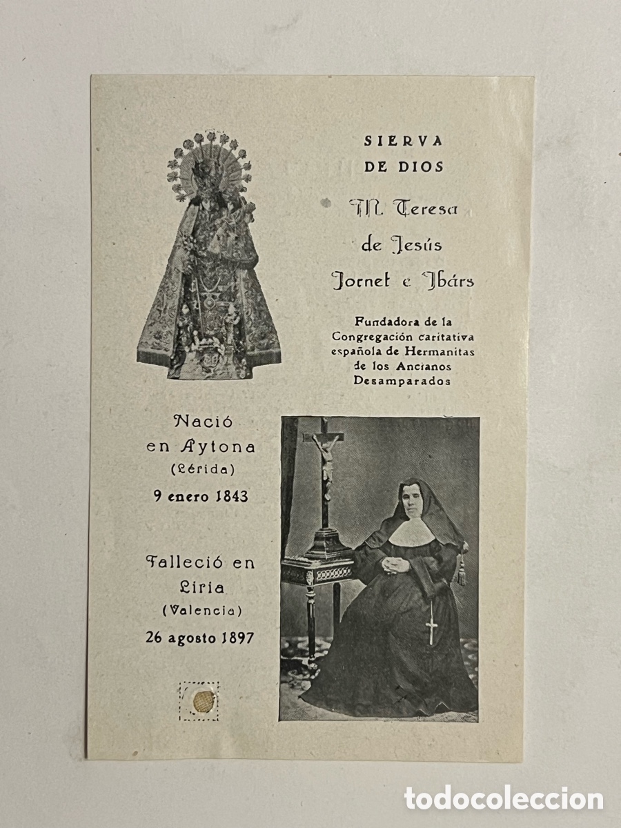 Postales: Teresa de Jes&uacute;s Jornet e Ibars - Aytona 09.01.1843 - Liria 26.08.1897 - Estampa con Reliquia&hellip;