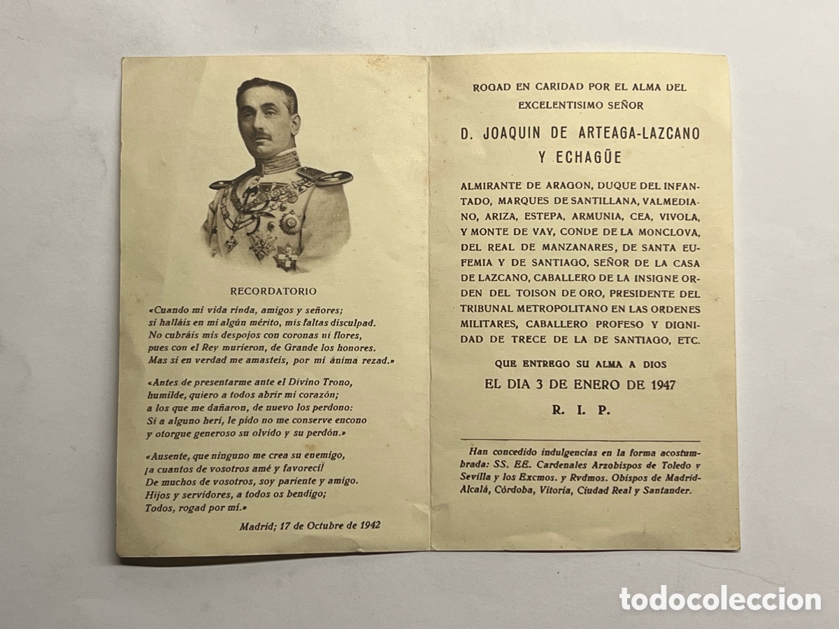 Postales: MADRID. Esquela D. JOAQUIN DE ARTEAGA-LAZCANO Y ECHAG&Uuml;E.. ALMIRANTE DE ARAGON (a.1942)