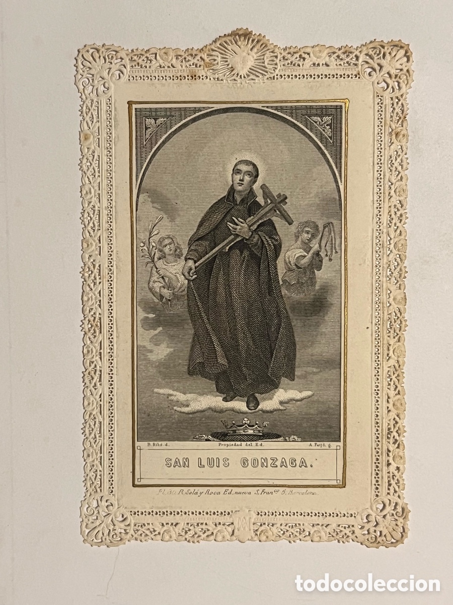 Postales: SAN LUIS GONZAGA. Estampa Religiosa con Puntilla. Sola y Roca. Barcelona (fin siglo XIX)