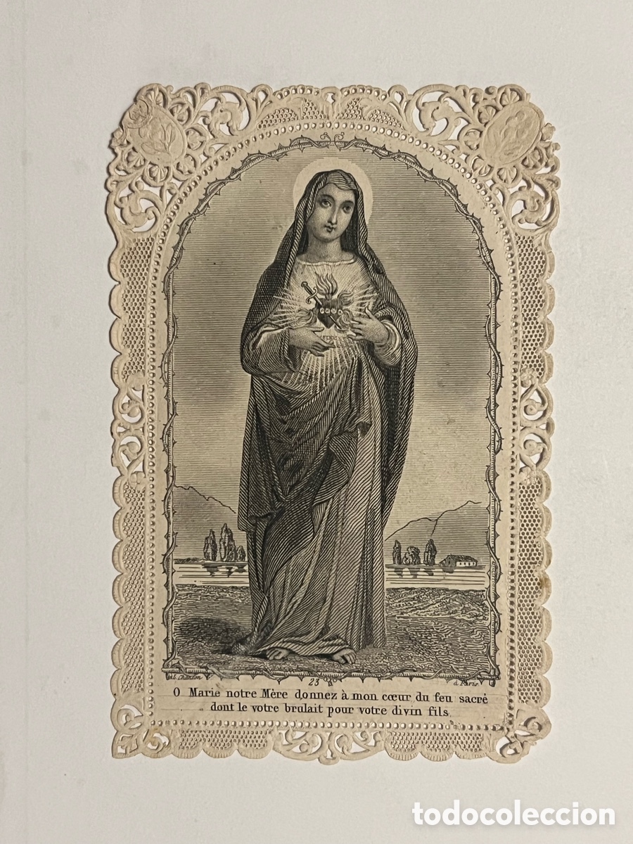 Postales: SAGRADO CORAZ&Oacute;N DE MARIA.. Bend&iacute;cenos&hellip; Estampa francesa puntilla (fin Siglo XIX)