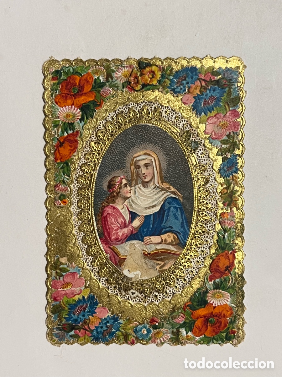 Postales: SANTA ANA.. ense&ntilde;ando a leer a la Virgen.. Estampa antigua bordada y coloreada (h.1890?)