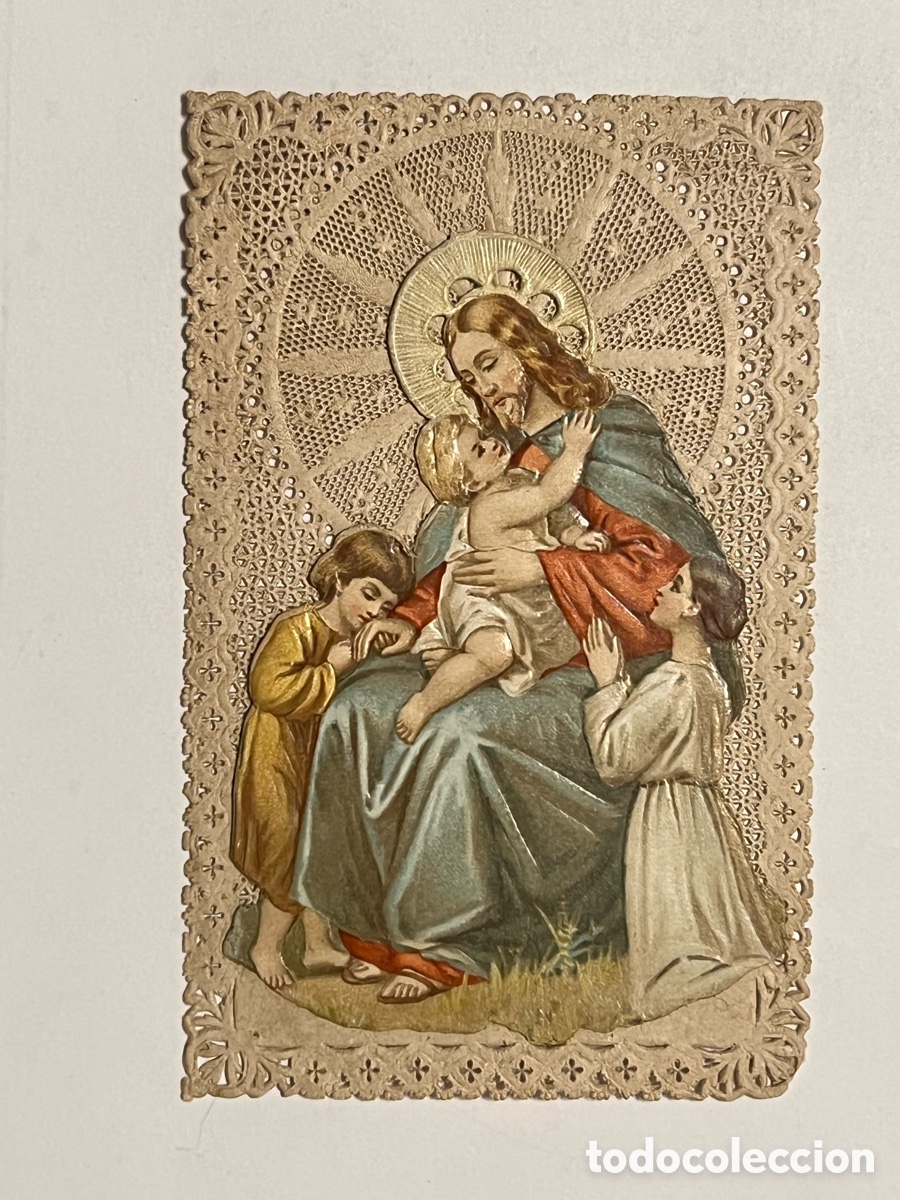 Postales: JES&Uacute;S BENDICE A LOS NI&Ntilde;OS.. Hermosa Estampa Calada (fin Siglo XIX) Med&iacute;das: 7,5 x 11,5 cm.