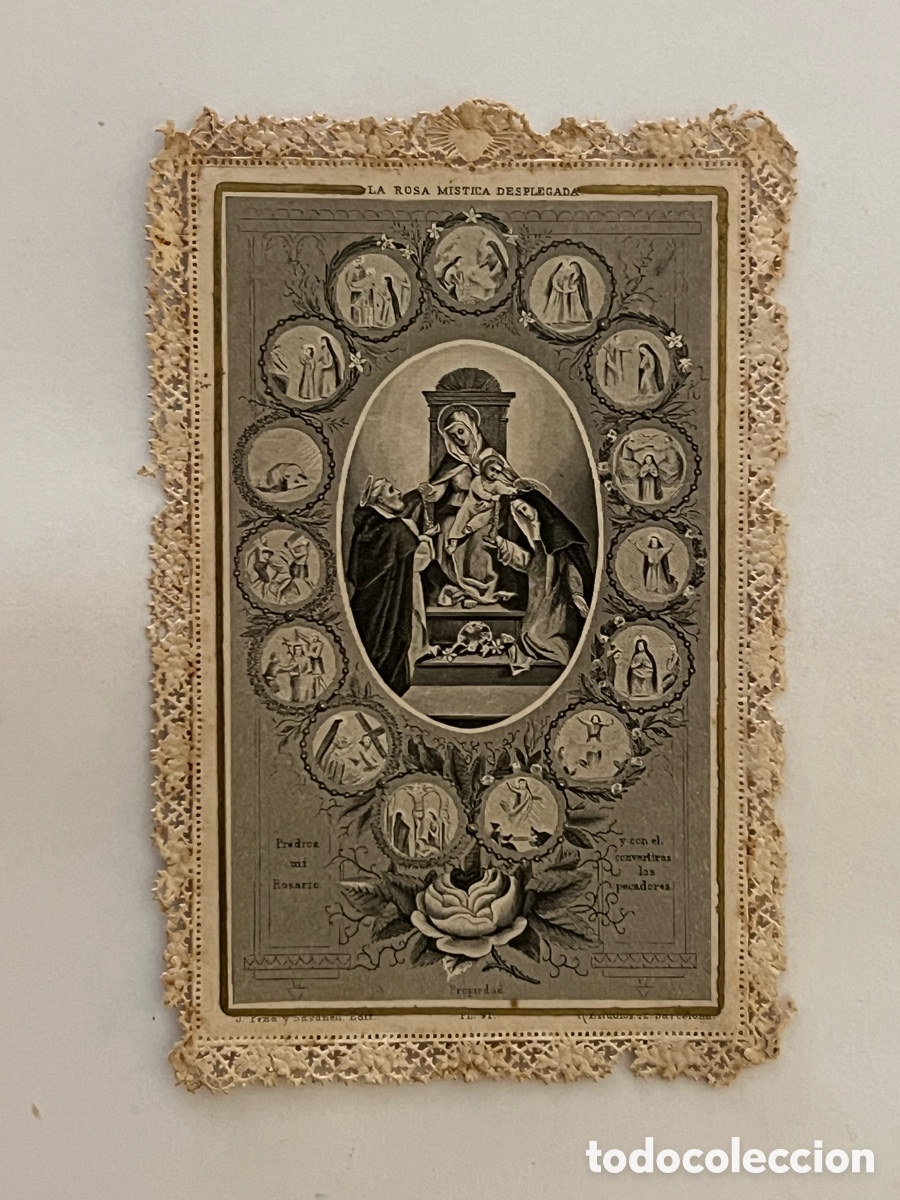 Postales: LA ROSA M&Iacute;STICA DESPLEGADA.. CUADRO DE LOS QUINCE MISTERIOS DEL ROSARIO.. (h.1890?)