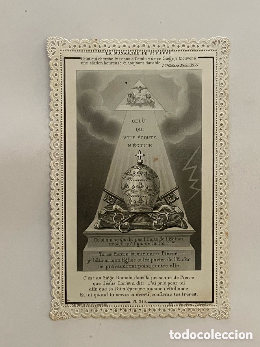 Postales: LA MONARQU&Iacute;A DE SAN PEDRO.. Hermosa Estampa con puntilla. Francia (fin Siglo XIX)