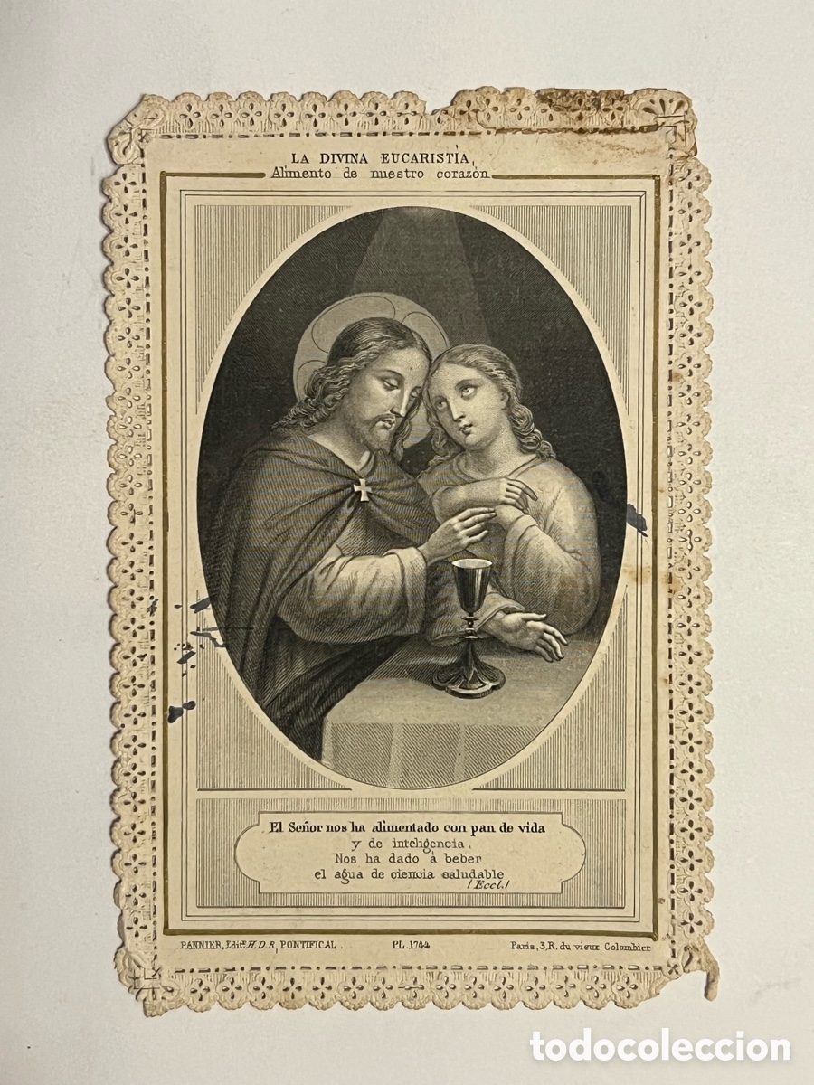 Cartoline: LA DIVINA EUCARIST&Iacute;A.. El Se&ntilde;or nos ha alimentado con pan de vida.. Estampa con puntilla (h.1870?)