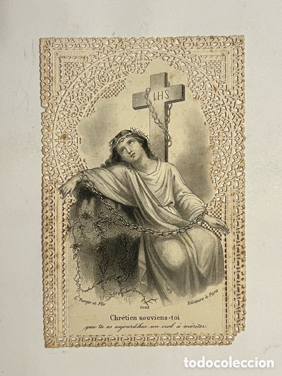 Postcards: CRISTIANO RECUERDA.. Que hoy tienes un Cielo que merecer.. Estampa Calada. Francia (fin Siglo XIX)