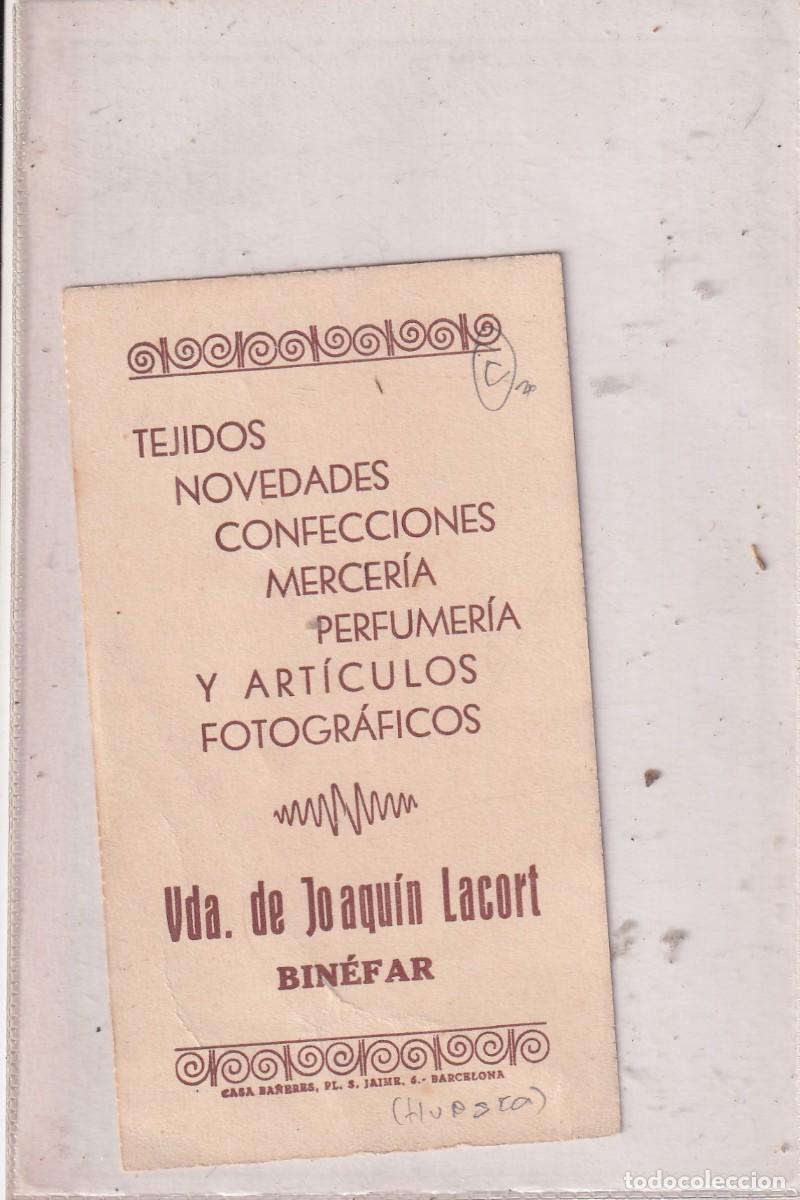 Postais: Estampa con publicidad tejidos, novedades mercer&iacute;a, perfumer&iacute;a Vda Joaqu&iacute;n Lacort. Bin&eacute;far. Huesca