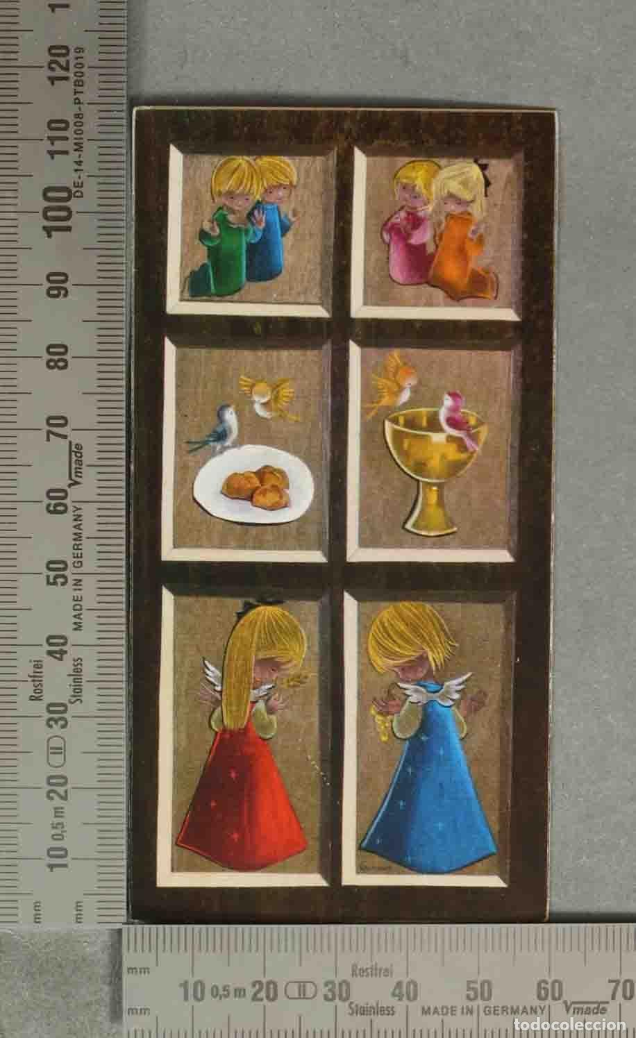 Cartoline: ESTAMPA. Retablo de madera - &Aacute;ngeles rezando y palomas PRIMERA COMUNION. MADRID 1967