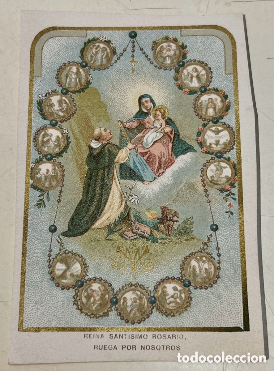 Postales: Estampa Religiosa. Reina Sant&iacute;simo Rosario. Con oraci&oacute;n. A&ntilde;os 50.