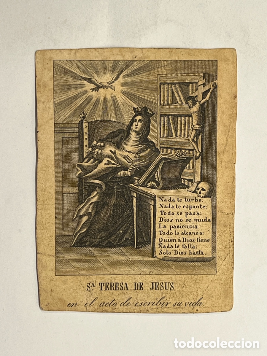 Postales: ESTAMPA.. litogr&aacute;fica de S&ordf; Teresa de Jesus en el acto de escribir su vida (h.1900?)