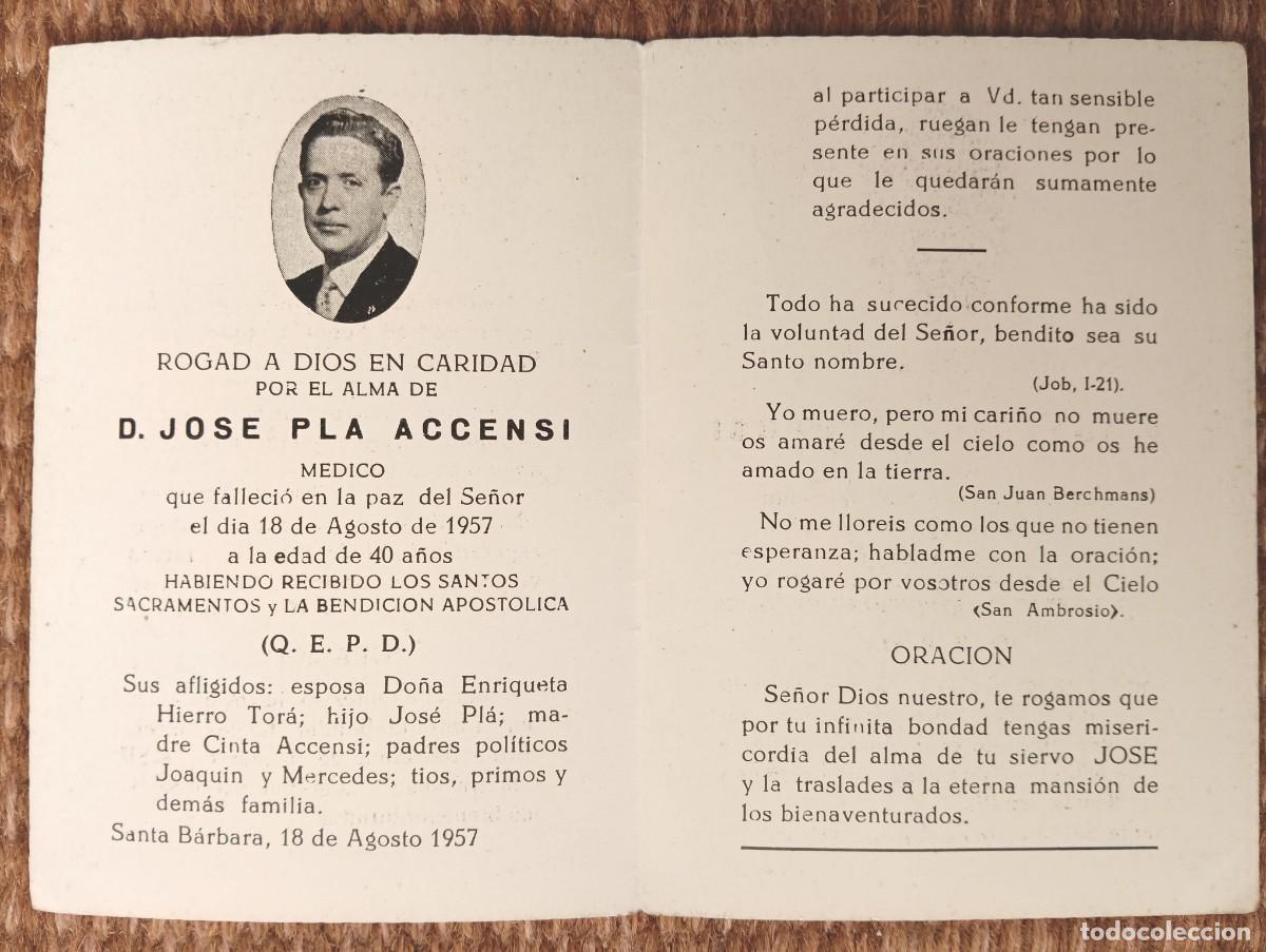 Postales: SANTA BARBARA - TARRAGONA - IN MEMORIAN MEDICO FALLECIDO 1957 - ESQUELA