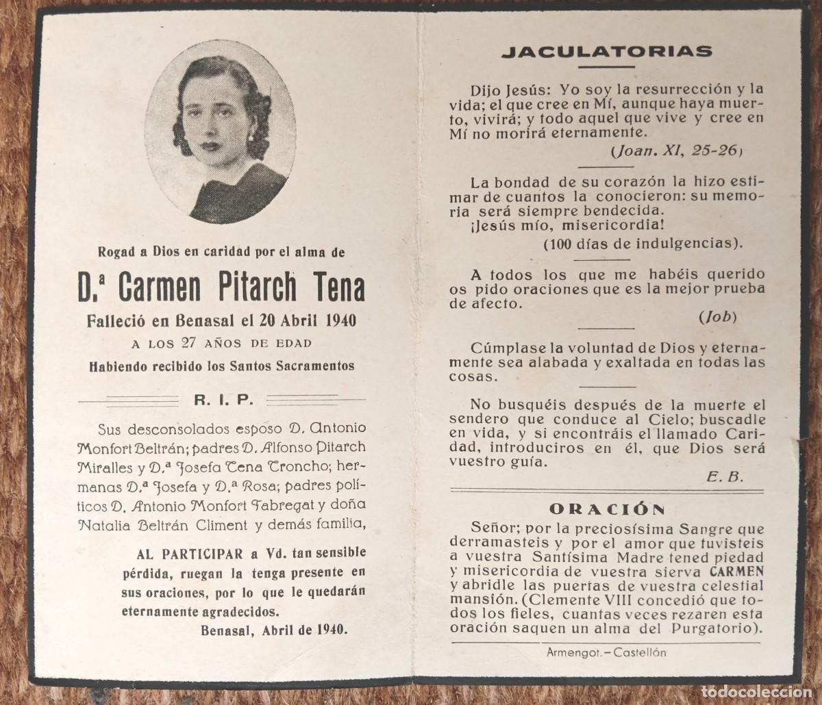 Postales: BENASAL - CASTELLON - IN MEMORIAN FALLECIDA EN 1940 - ESQUELA