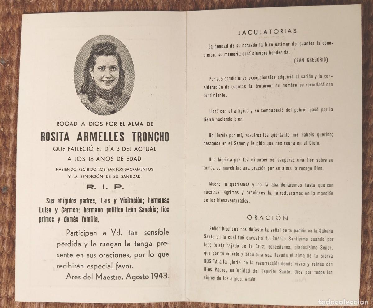 Postales: ARES DEL MAESTRE - CASTELLON - IN MEMORIAN FALLECIDA EN 1943 - ESQUELA