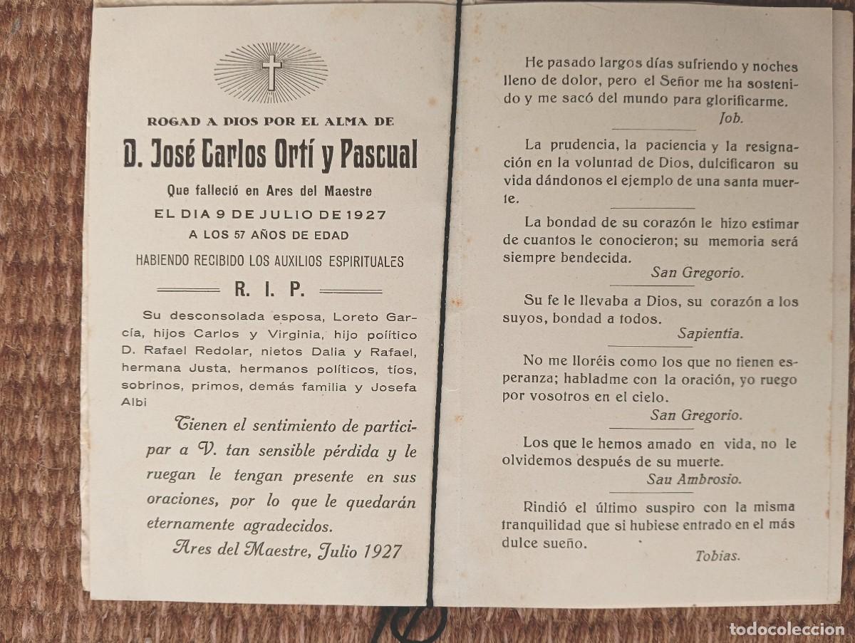 Postales: ARES DEL MAESTRE - CASTELLON - IN MEMORIAN FALLECIDO 1927 - ESQUELA