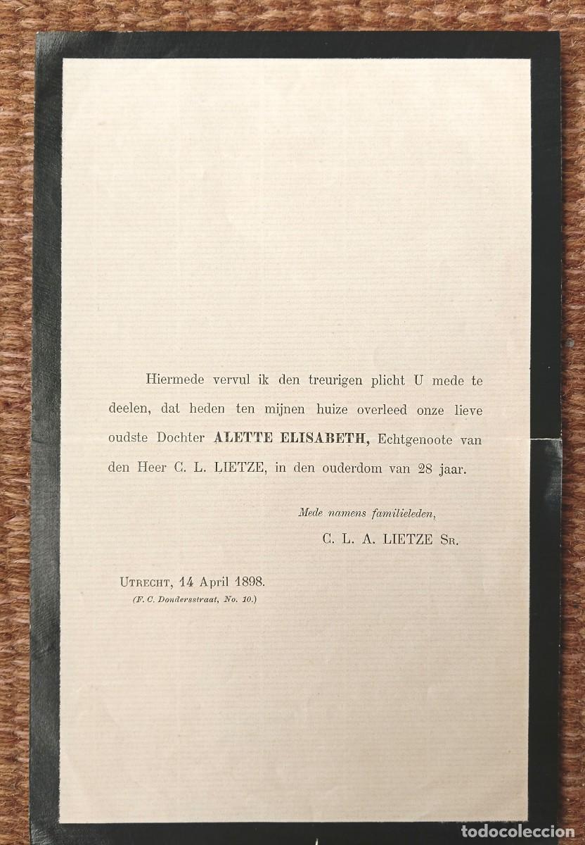 Postales: CARTA ESQUELA DE FALLECIDA EN UTRECHT, PAISES BAJOS EN 1898 A LOS 28 A&Ntilde;OS